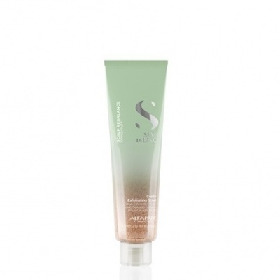 Frasco tubo creme exfoliante verde e dourado Alfaparf sobre fundo branco