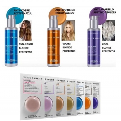 Três frascos de produtos capilares coloridos e várias embalagens pequenas da série Expert