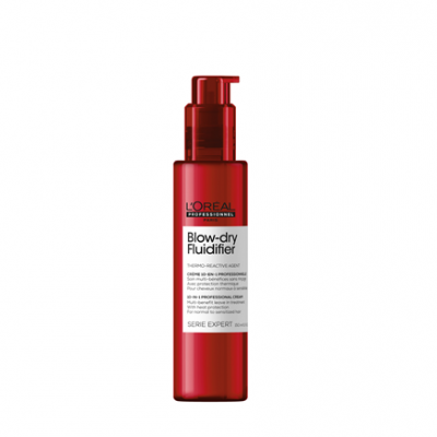 Frasco vermelho de produto L'Oréal Professionnel Blow-dry Fluidifier com tampa de bomba