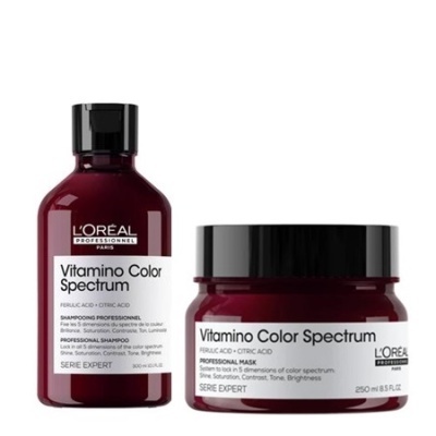 Frasco de shampoo e pote de máscara L'OREAL Vitamino Color Spectrum com tampas pretas e rótulos brancos