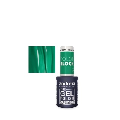 Esmalte gel preto com tampa branca e rótulo verde, marca andreia PROFESSIONAL