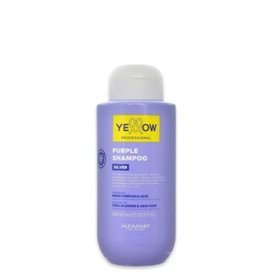 Frasco roxo de shampoo Purple Shampoo Yellow Professional com tampa branca
