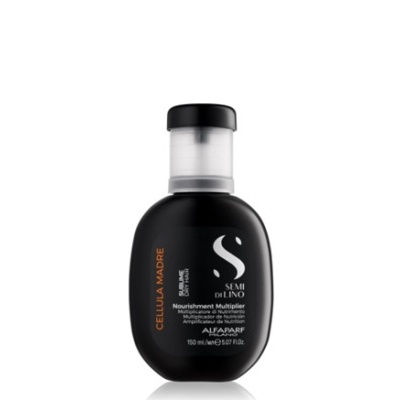 Frasco preto opaco de produto capilar com tampa preta e rótulo com texto branco e laranja.