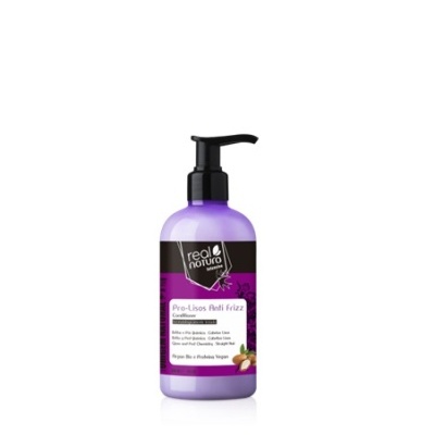 Frasco lilás com doseador preto do produto capilar Real Natura Pro-Liss Anti Frizz