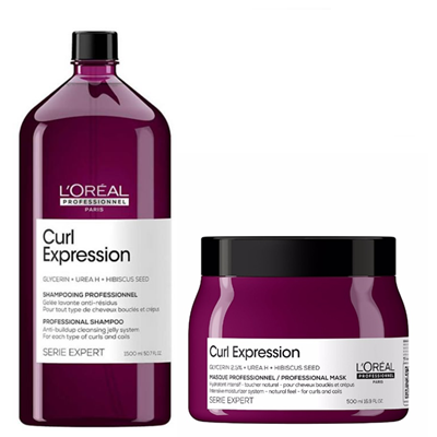 Produtos LOréal Professionnel Curl Expression em embalagens roxas com etiquetas brancas e texto preto.