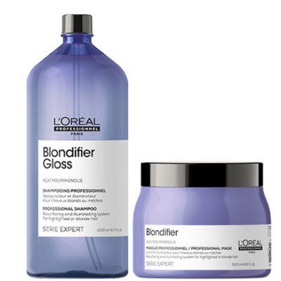 Dois produtos L'Oréal Professionnel Blondifier: frasco azul e pote lilás com tampas pretas.