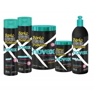 Produtos de cabelo Novex Santo Black Poderoso em embalagens pretas e azuis