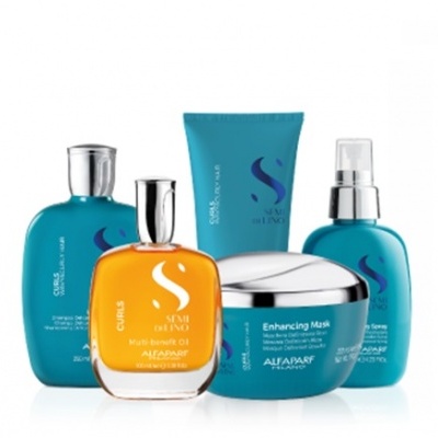 Conjunto de produtos para cabelo Semi di Lino da Alfaparf com frascos azuis e laranja