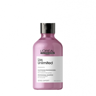 Frasco de shampoo L'Oréal Liss Unlimited roxo com tampa preta