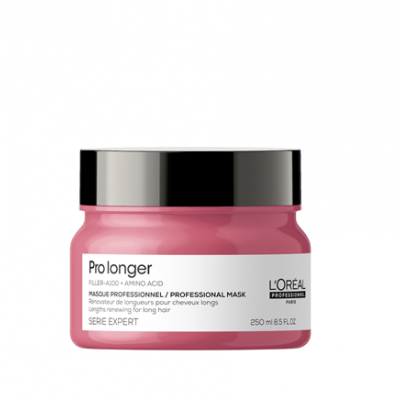 Frasco rosa com tampa prateada de máscara profissional para cabelo L'Oréal Pro longer