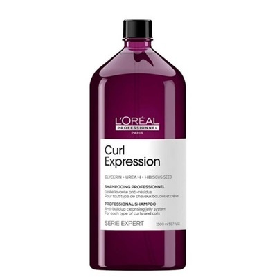 Frasco roxo de champô LOréal Curl Expression com etiqueta branca