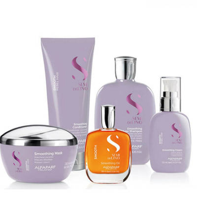 Linha de produtos capilares ALFAPARF Sem Di Lino com embalagem lilás e óleo laranja