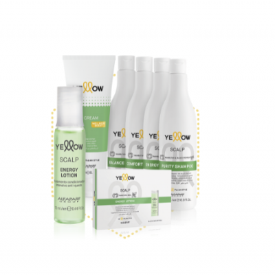 Produtos para cabelo da marca Yellow com frascos e embalagens brancas e verdes.