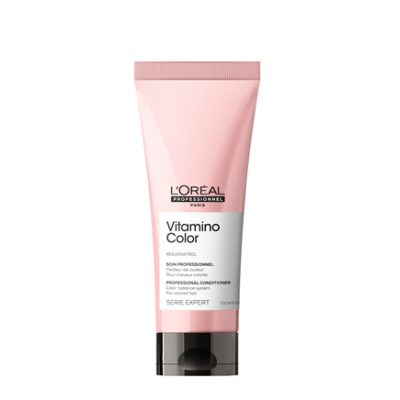 Tubo de condicionador Vitamino Color da L'Oréal Professionnel cor de rosa e branco com tampa preta