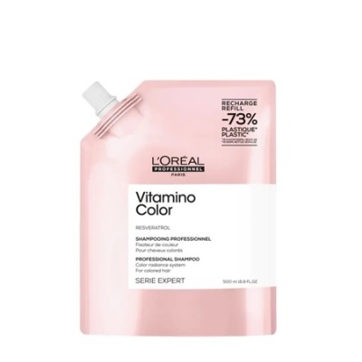 Refil de champô profissional L'Oréal Vitamino Color em embalagem rosa com texto preto e branco
