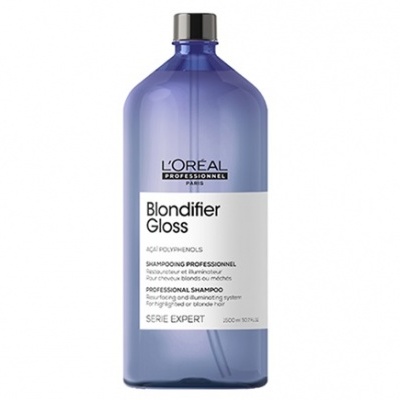 Frasco de champô profissional L'Oréal Blondifier Gloss cinzento azulado com rótulo branco