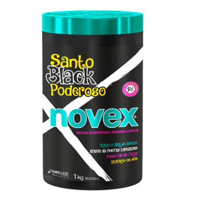 Frasco de máscara capilar preto com tampa azul turquesa e texto colorido