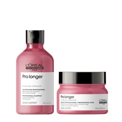 Conjunto de champô e máscara capilar L'Oréal Professionnel Pro Longer em embalagens rosa e preto