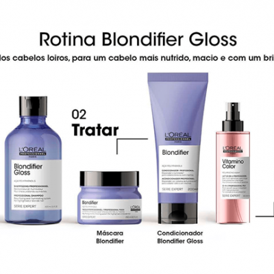 Produtos da linha Blondifier Gloss da L'Oréal Profissional para cuidados capilares, com instruções em português.