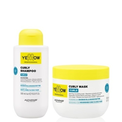 Conjunto de Champô e Máscara para cabelo da marca Yellow Professional, embalagens brancas com tampas amarelas.