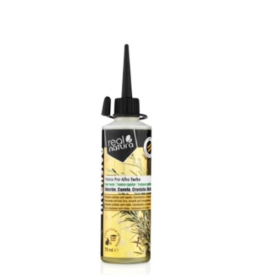 Frasco amarelo de produto capilar Real Natura com tampa preta pontiaguda