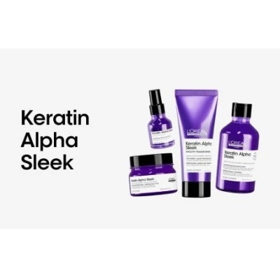 Produtos para cabelo Keratin Alpha Sleek da LOréal em embalagens roxas