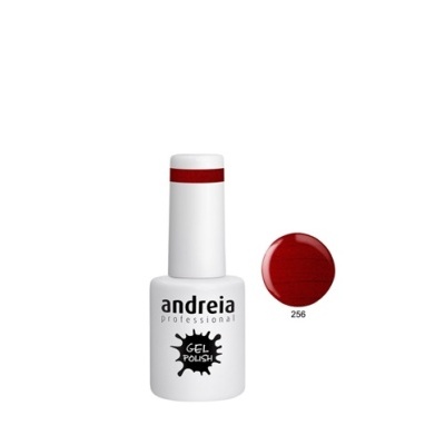 Frasco de verniz gel para unhas branco e vermelho com texto Andreia Professional e cor vermelha 256