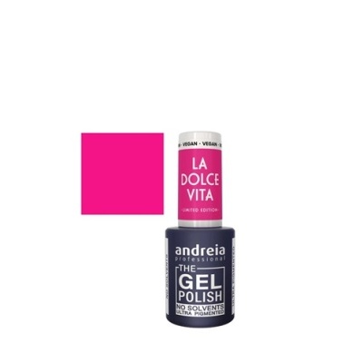 Frasco de verniz gel rosa Andreia Professional The Gel Polish e quadrado rosa à esquerda