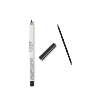 Lápis de olhos branco com tampa preta e traço preto ao lado