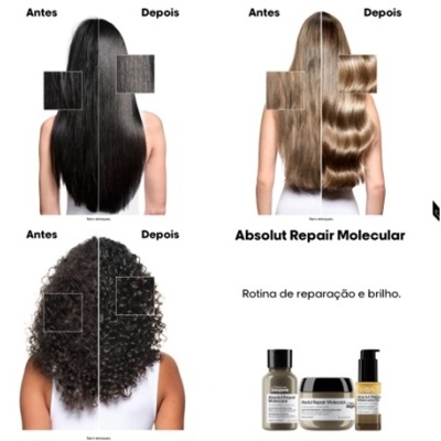 Antes e depois de tratamento capilar com produtos Absolut Repair Molecular e três tipos diferentes de cabelo.