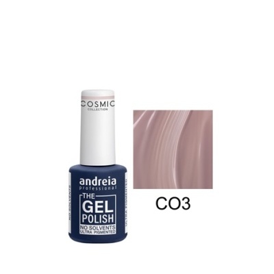 Esmalte de verniz gel Andreia azul escuro com tampa branca e amostra de cor CO3