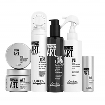 Conjunto de produtos capilares TECNI ART da L'Oréal Professionnel sobre fundo branco
