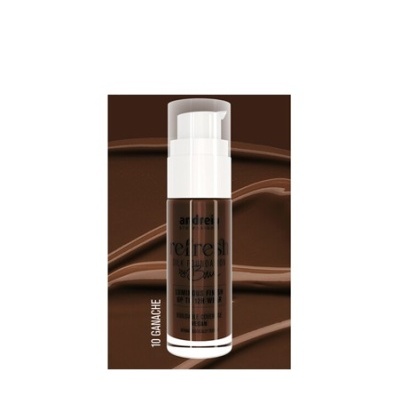 Frasco de cosmético castanho com tampa branca e texto, sobre fundo castanho com texturas lisas.