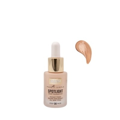 Base líquida Maquilhagem Simples Spotlight Drop Foundation com doseador e amostra do produto.