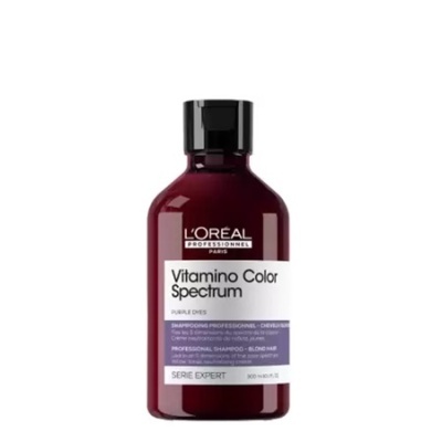 Frasco de champô L'Oréal Vitamino Color Spectrum cor bordô com etiqueta branca e violeta