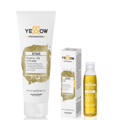 Produtos Yellow Professional: tubo de creme leave-in e frasco de óleo com caixa