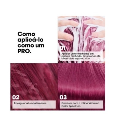 Instruções de aplicação de produto para cabelo com três imagens demonstrando aplicação, enxaguamento e resultado