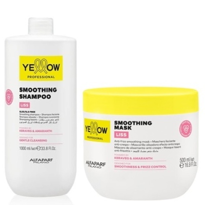 Shampoo e máscara suavizante Yellow Professional em embalagens branca e amarela