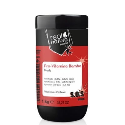 Frasco preto de máscara capilar Real Natura Pro-Vitamina Bomba