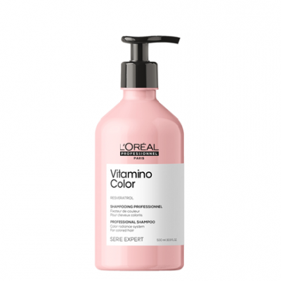 Frasco rosa com bomba preta de champô Vitamino Color L'Oréal