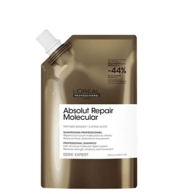 Embalagem dourada tipo saco do shampoo L'Oréal Absolut Repair Molecular com tampa branca