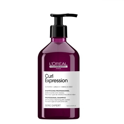 Frasco de champô L'Oréal Curl Expression roxo com bomba preta.