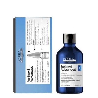Produto L'Oréal Serioxyl Advanced em caixa e garrafa azul