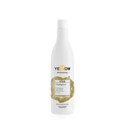 Frasco branco de champô Yellow Professional com texto e design dourado