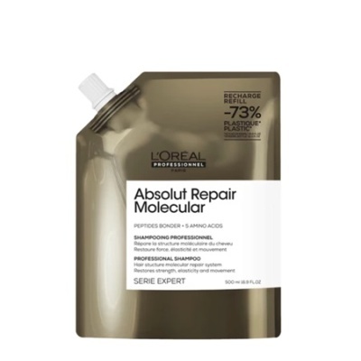 Recarga de shampoo Absolut Repair Molecular da L'Oréal Professionnel de 500 ml com embalagem castanha e rótulo branco