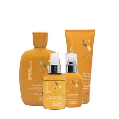 Produtos de cuidado capilar Alfaparf laranja, com texto branco e dourado, sobre fundo branco