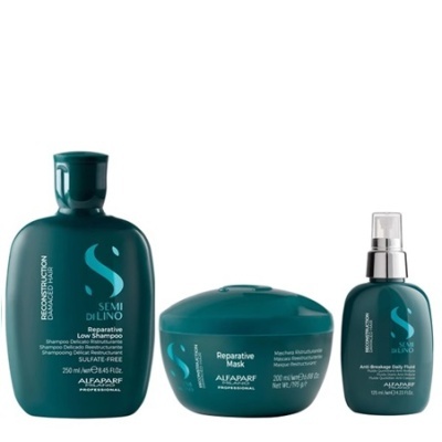 Produtos ALFAPARF PROFESSIONAL Semi Di Lino Protective shampoo, máscara e spray em frascos azuis