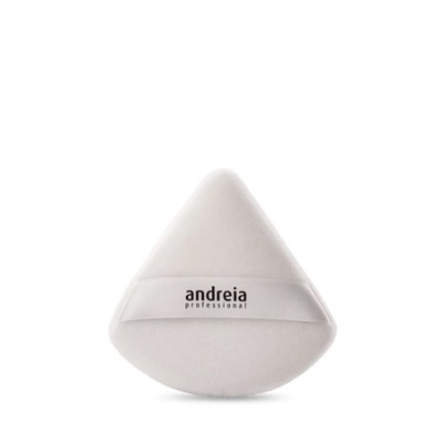 Almofada de maquilhagem branca triangular com logo 'andreia professional'