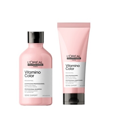 Produtos para cabelo L'Oréal Vitamino Color, champô e condicionador em embalagens cor-de-rosa