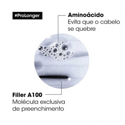 Imagem de produto capilar com texto sobre aminoácidos e molécula filler A100
